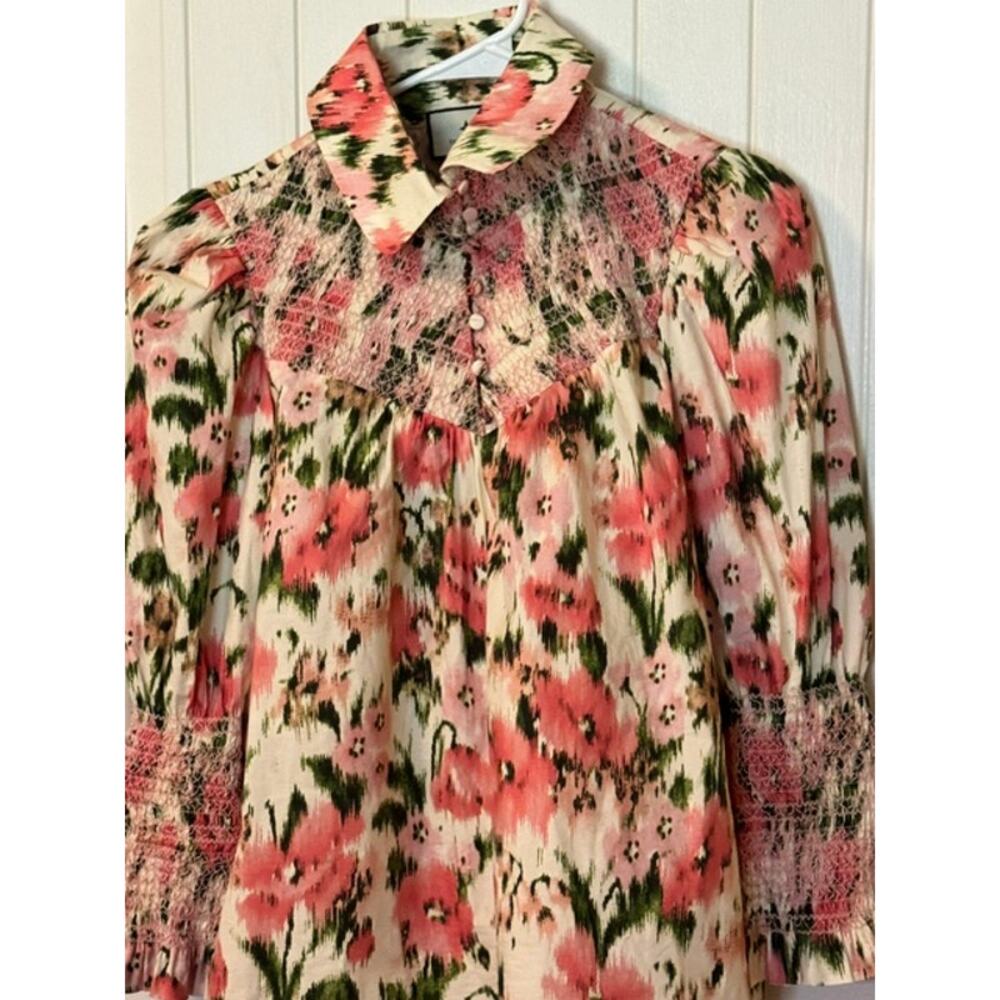 NWOT Tuckernuck Haskell Blouse Pink Green Floral Smocked Cotton S - Picture 9 of 9